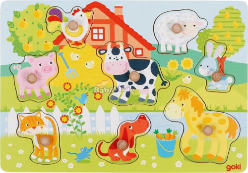 Puzzle Montessori fa ki-berakó fogantyús puzzle - farm