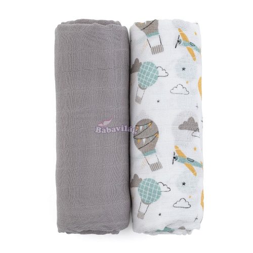 Bambusz muszlin 2db-os pelenka szett Misty Grey Planes 120 x 120 cm